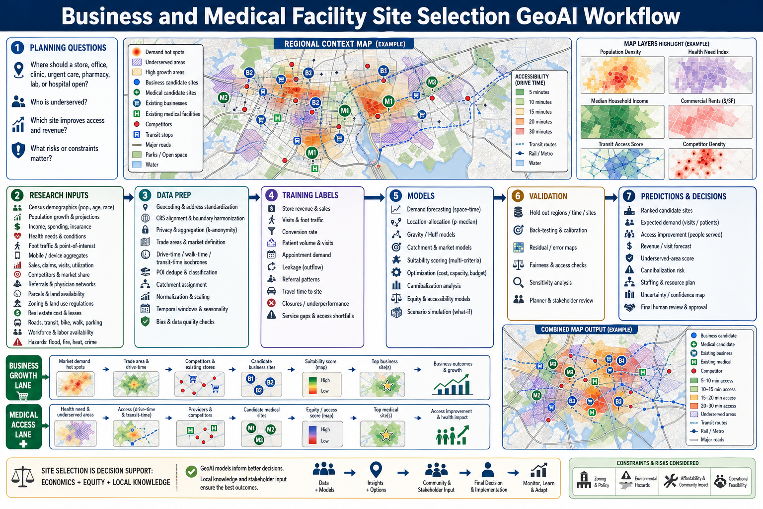 Business and medical facility site selection GeoAI workflow